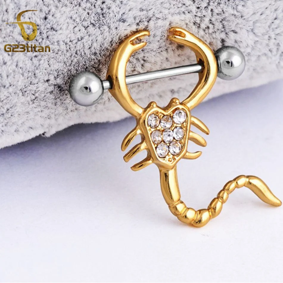 G23Titan 2pcs Crystal Scorpion Nipple Ring 14G Stainless Steel or Titanium Barbell Nipple Piercing For Women Sexy Beach Jewelry