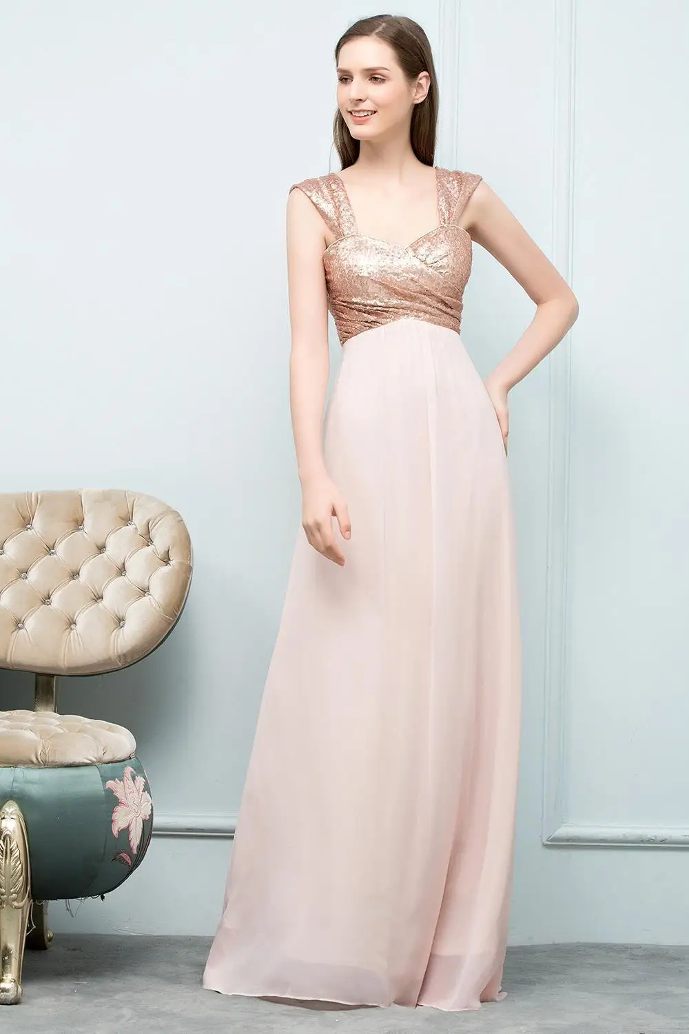 A Line Evening Dresses Chiffon Floor-Length Long Party Dress Irregular Sequin Sleeve V-Neck Backless Zipper Formal Prom Gowns