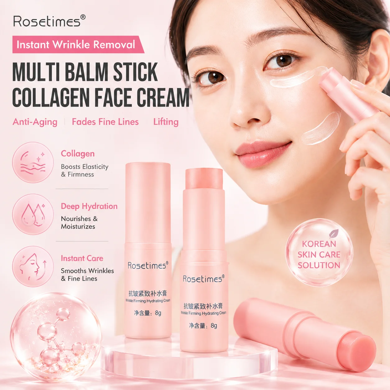 Rosetimes Instant Wrinkle Bounce Multi Balm Stick Collagen Anti-Aging Firming Fade Fine Lines Cream for Face Neck & Eye Skincare