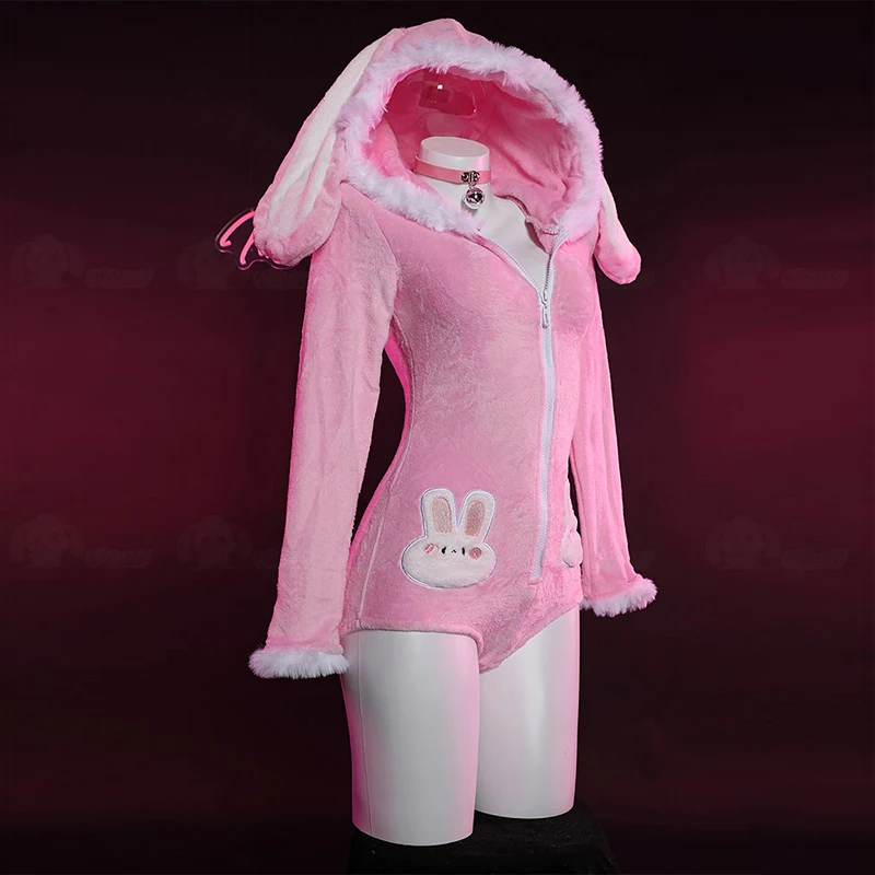 Bunny Girl Cosplay Costumes Women Sexy Zipper Hooded Flannel Pajamas Cute Pink Rabbit Jumpsuit Halloween Carnival Party Clothing view 4