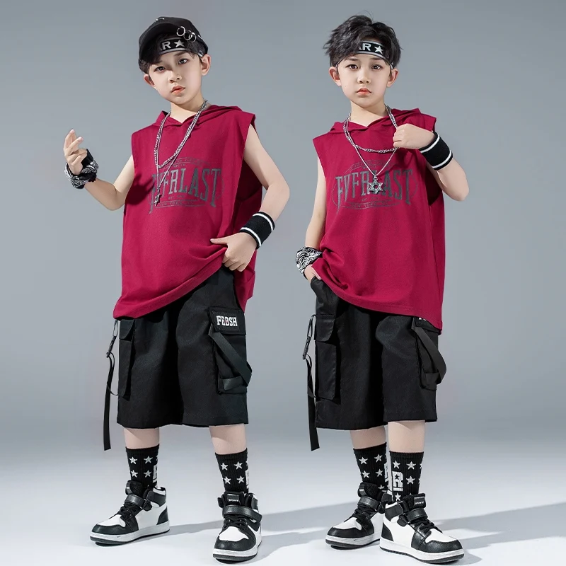 

Street Dance Performance Suit For Boys Hip Hop Oversize Top Black Shorts Fashion Sleeveless Hoodie Jazz Line Dance Costume 3633
