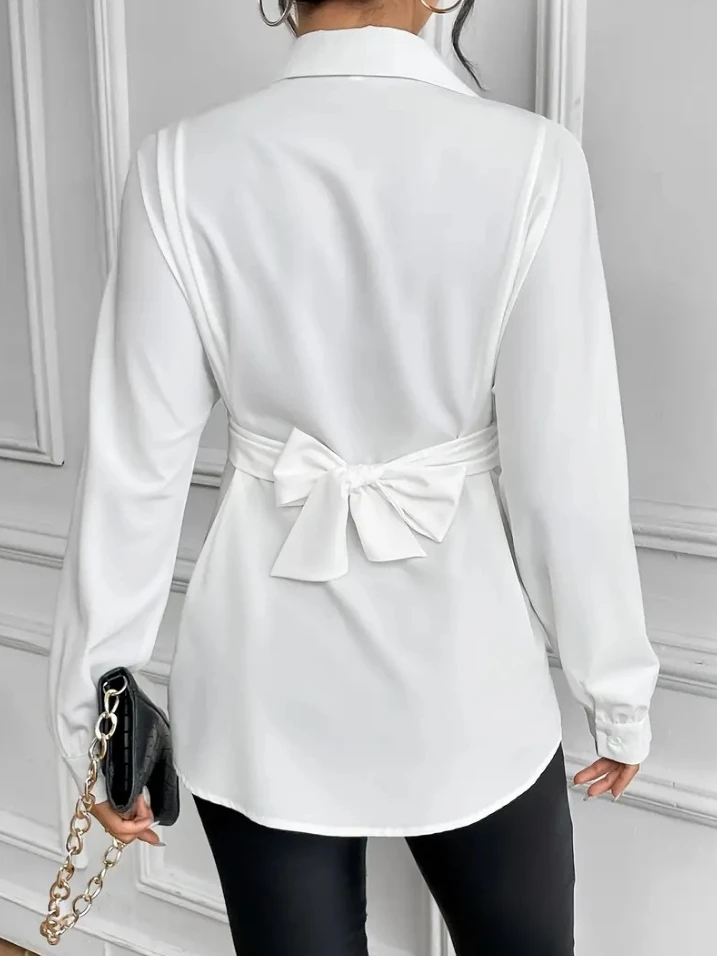 Sexy Elegant New Fashion 2024 Autumn Winter Casual Collar Tie Bow Tie Waist Cinching Slimming Shirt Women's Clothing