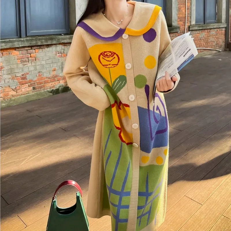 

Sweet Cute Vintage Doll Collar Flower Knitted Long Dress for Women Loose Casual Mori Girl Style Autumn Winter Long-sleeved Dress