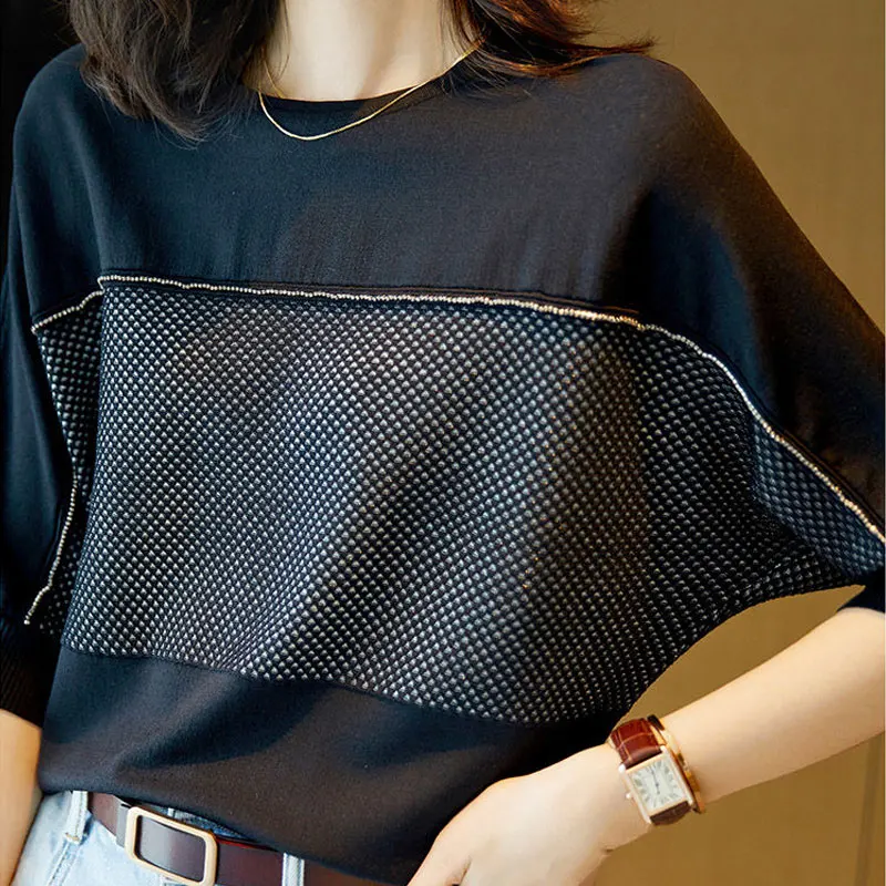 Summer Casual Batwing Sleeve Loose T-shirt Korean Solid Color Spliced Female Clothing Fashion Diamonds O-Neck Knitted Pullovers