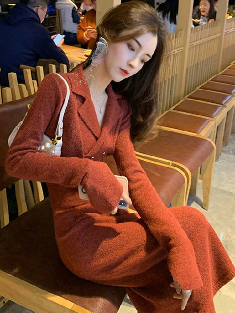 

Вязаное облегающее платье Ele для женщин: модное, с высокой талией, V-образным вырезом, средней длины, А-силуэт, для дня рождения и праздников