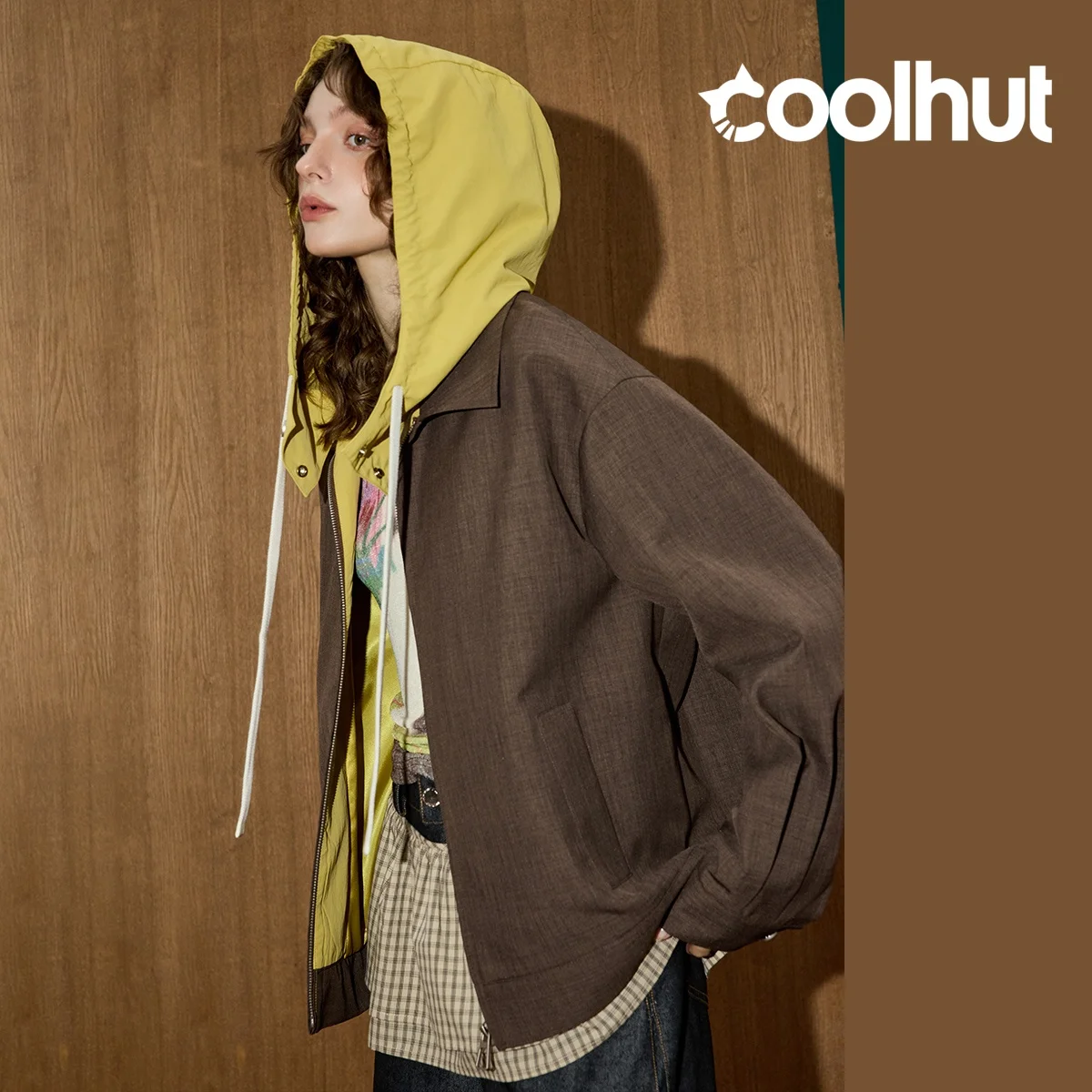 

COOLHUT Hooded Women's Jacket Autumn Oversized Casual Patchwork Coat Unisex Loose Fit Streetwear Bold Graphic Artisan Outerwear