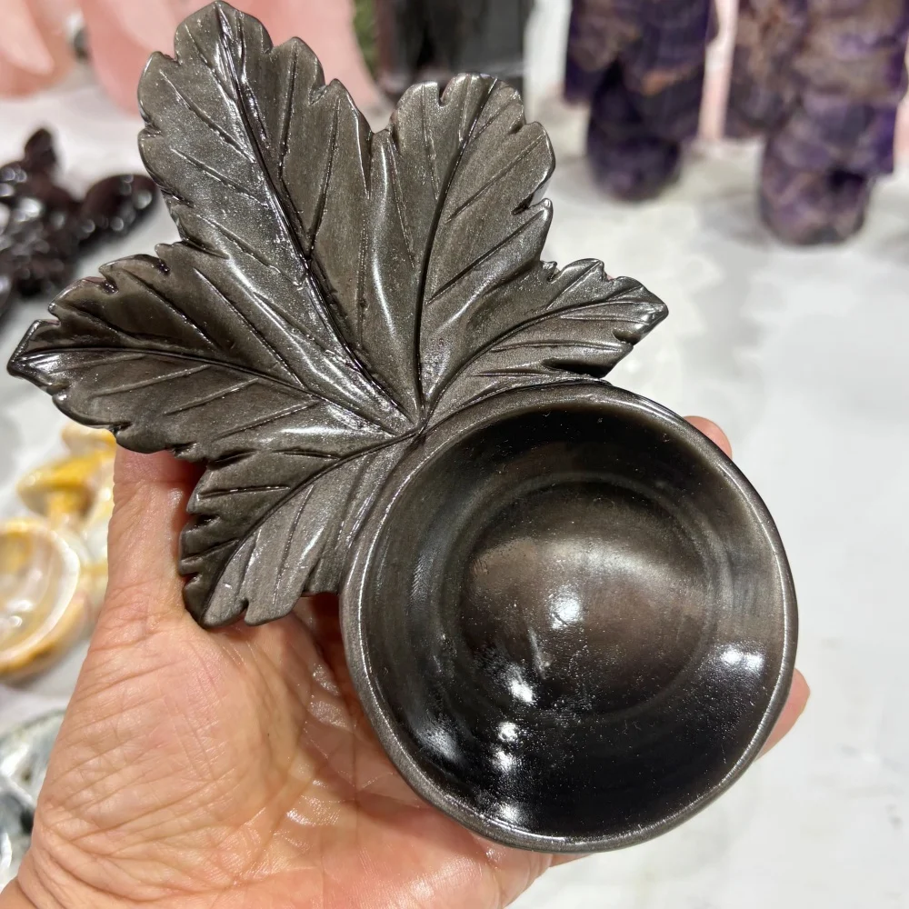 Natural Silver Sheen Obsidian Maple Leaf Bowl Hand Carved Crystal Leaf Dish Healing Stone Home Decor Storage Bowl Craft Gift