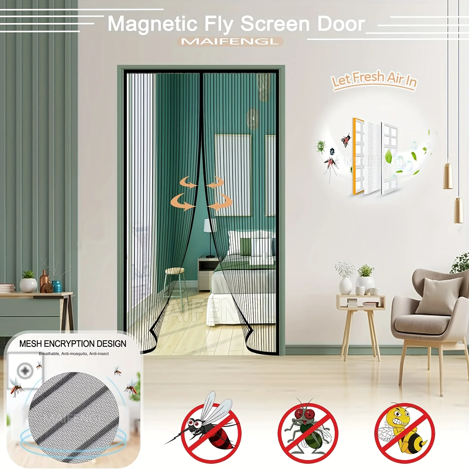 Heavy Duty Magnetic Screen Door Mesh Curtain Mosquito Net Bug Hands Free Partition Mute Striped Door Curtain Bedroom Ventilation