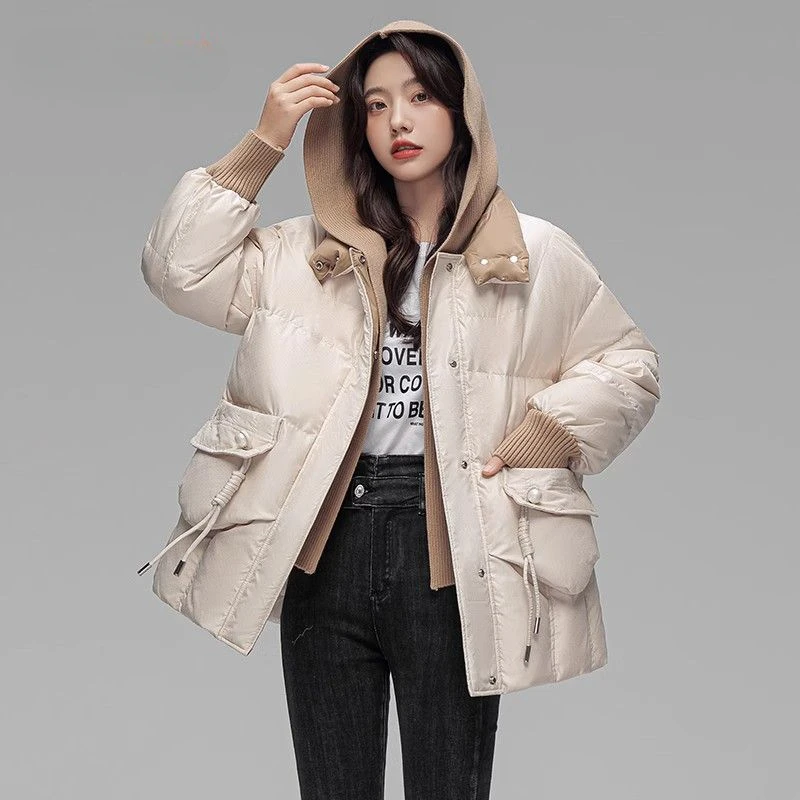 

2023 Winter New Fashion White Duck Down Mid-length Jacket Women Thick Warm Loose Type Hooded Button Puffer Coat Outwear B78