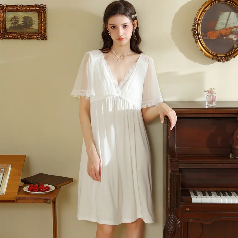 

French Short-Sleeved Nightgown Women's Summer Senior Sense of Sweet Lace Sexy Pure Desire Princess Short Loose Thin Pajamas
