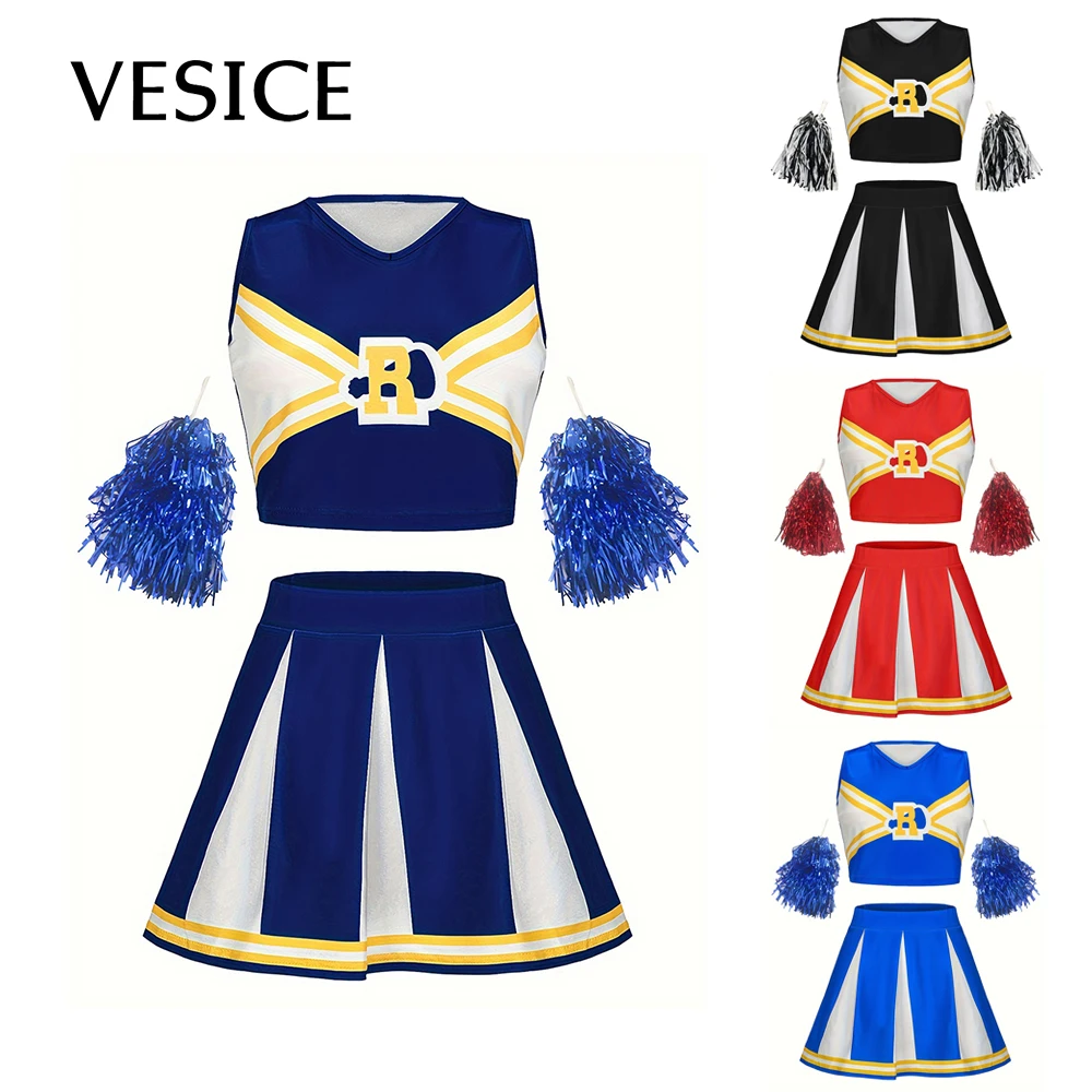 

Woman Girls Cheerleader Costume Cheerleading Uniform Sleeveless Clothes Set Performance Dancewear Outfits Skirt Cosplay Costumes