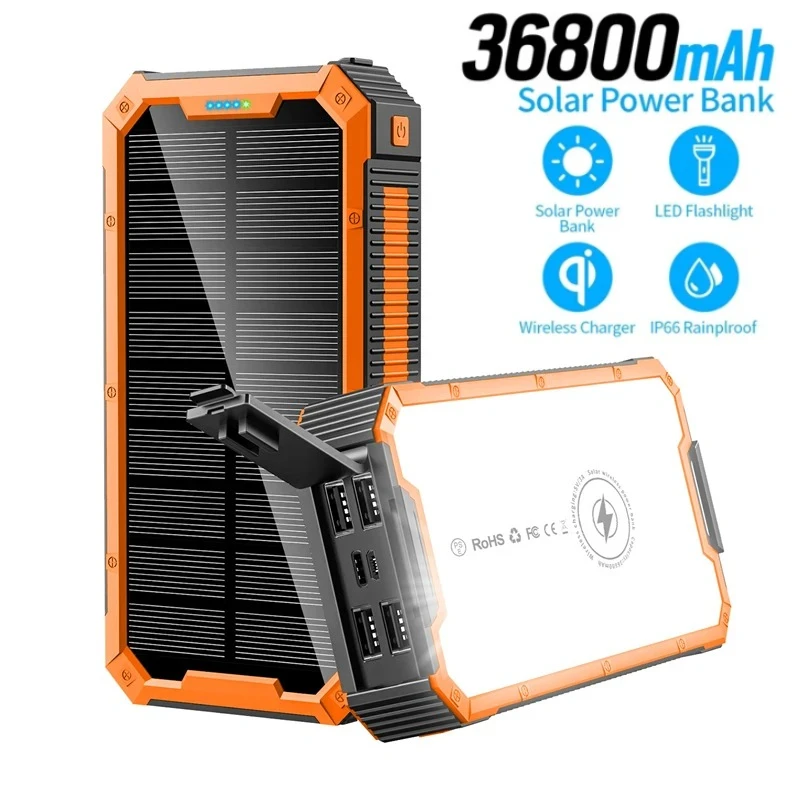 

36800mAh Solar Wireless Power Bank 4 USB Port for IPhone Samsung Xiaomi Powerbank with Flashlight Portable Charger Spare Battery