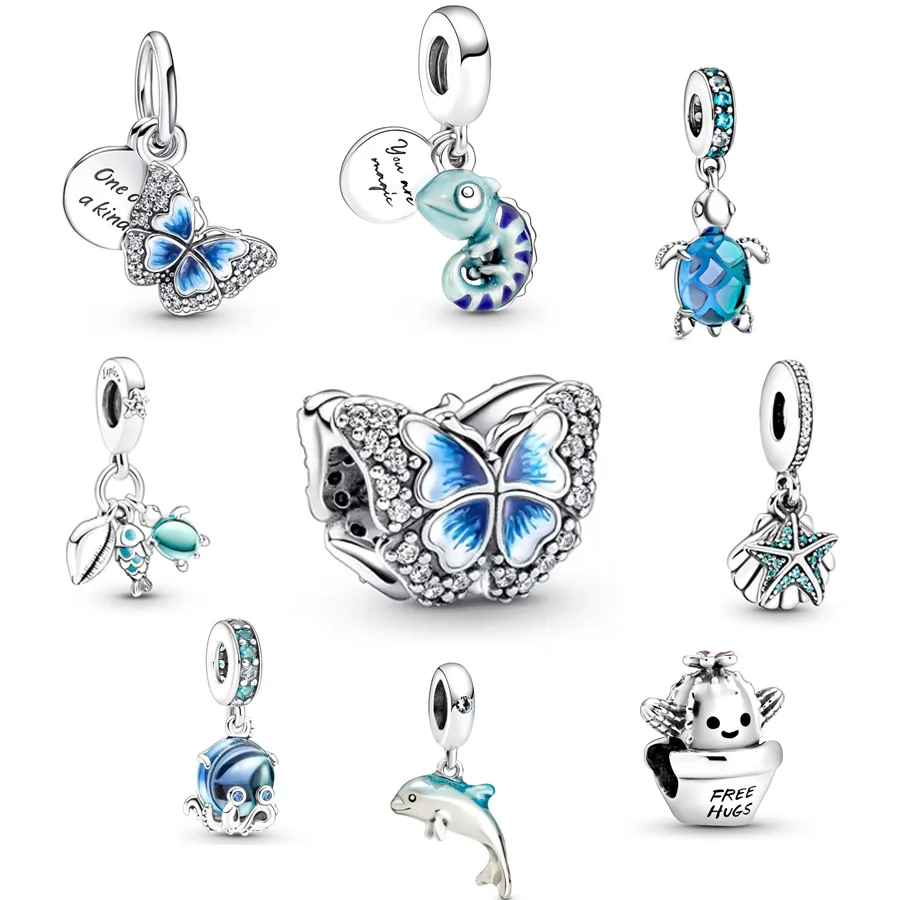 Blue Series Bead Butterfly Fish Turtles Cactus Chameleon Charm Fit Original Silver 925 Bracelet Pandora DIY Women Jewelry Gift