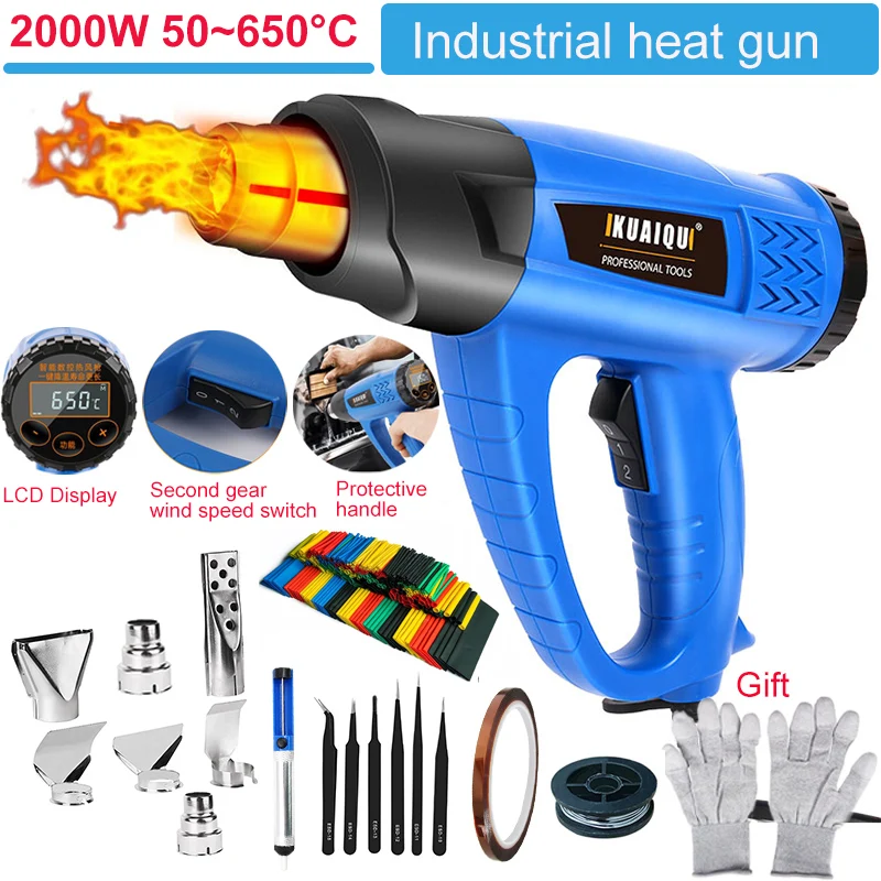 Kaiqu pistola de ar quente 2000w temperaturas ajustáveis lcd pistola de calor elétrica industrial para solda soprador térmico envoltório retrátil