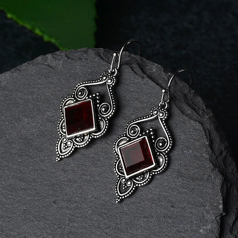 Square S925 Retro Silver color Earrings Brincos for Charm Women Mujer Oreja Bizuteria Peridot Gemstone garnet Earrings Orecchini - Image 3