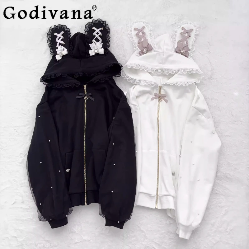 

Sweet Girl Lace-Up Rabbit Ears Hooded Pearl Long Sleeve Jacket New Spring Autumn Lace Elegant Bow Age Reduction Cardigan Jackets