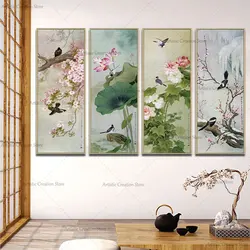 Tradizionale cinese quattro stagioni scenario poster Peach Blossom Lotus Plum Canvas Painting stampa immagini a parete Nordic Home Decor