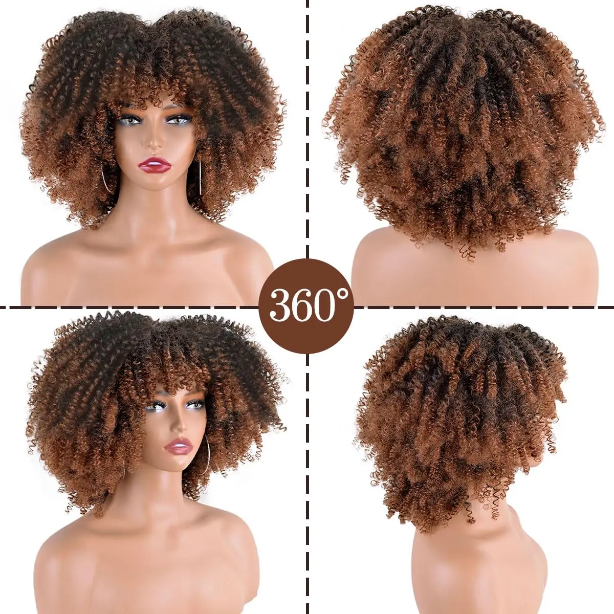 Peruca Sintética Curly Afro com Franja para Mulheres Negras, Cabelo Kinky, Perucas Cheias