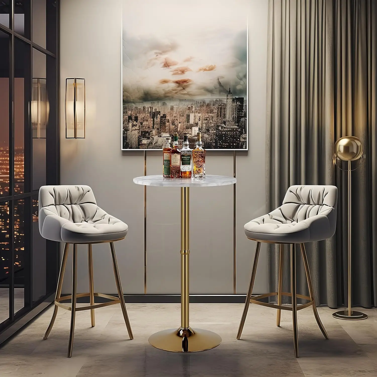 24'' Round Cocktail Bar Table with Metal Base, Tall Bistro Pub Table, Counter Bar Height Table for Kitchen, Dining Room, Living