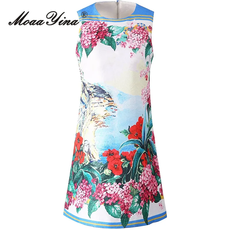 

MoaaYina Fashion Designer dress Summer New Style Women's Sleeveless Jacquard Pretty Slim Elegant Print Short Dresses