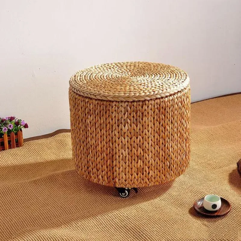 Vintage Storage Stool with Casters Mobile Round Shoe Ottoman Versatile Living Room Rolling Storage Seat Home Organizer Furniture