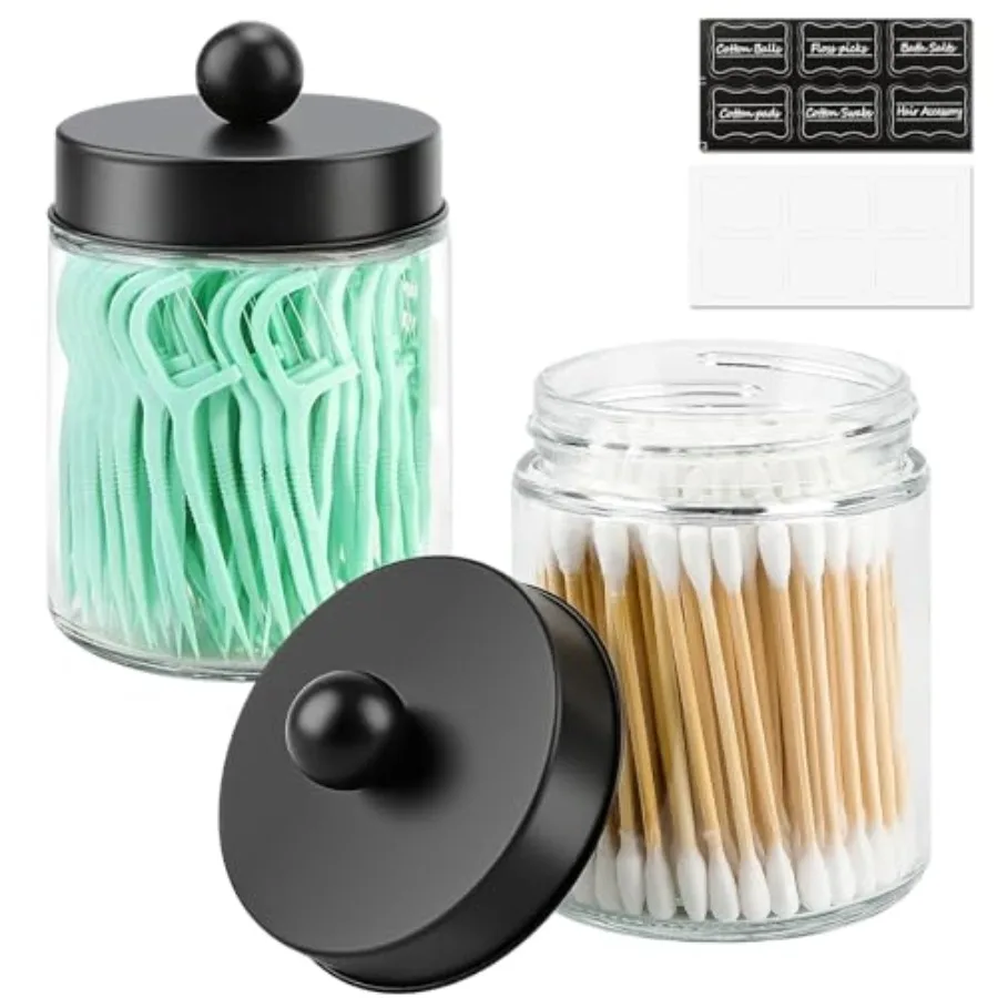 

Glass Apothecary Jars with Lids for Bathroom, Cute Qtip Holder, Black Bathroom Accessories Set, Small Bathroom Canisters with L