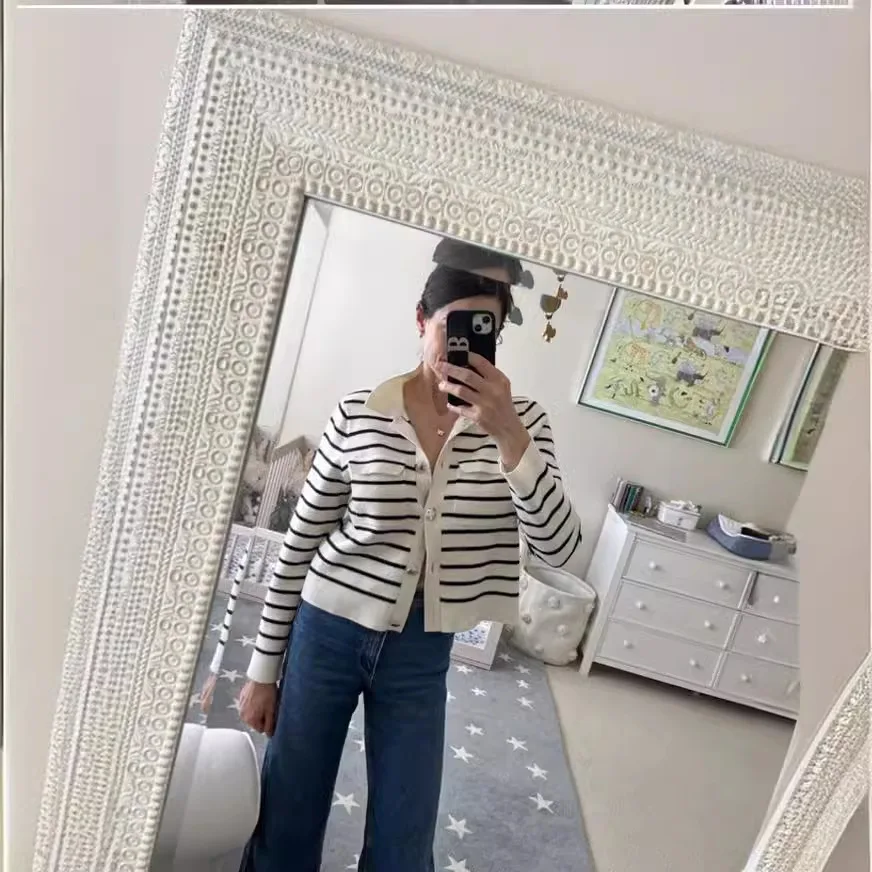 Women\'s Cardigan 2024 New Autumn Winter Striped Turn Down Collar Single Breasted CasualSweater with Pockets