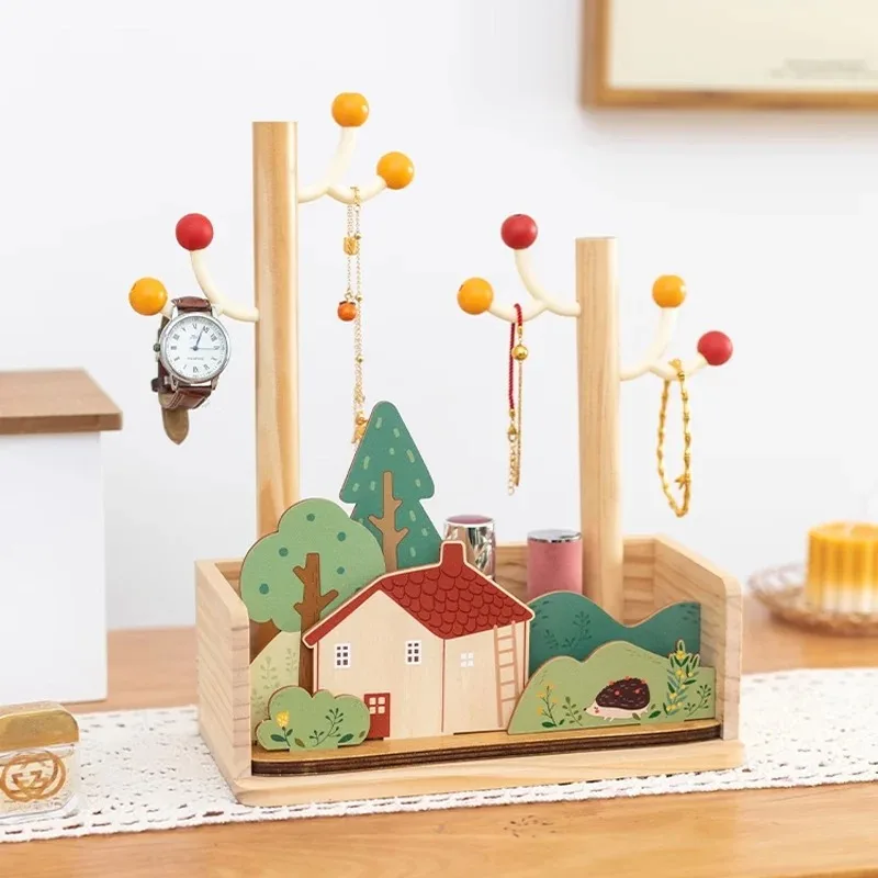 

Japanese style cartoon countryside illustration pattern storage box hanging rack, home decoration key storage rack hook ornament