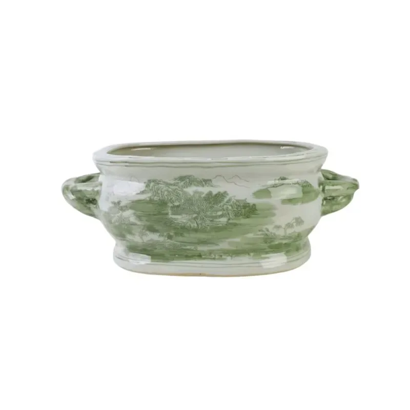 Jingdezhen Handmade Green Landscape Porcelain Pot Oval Ceramic Vase Indoor Art Decoration for Wedding