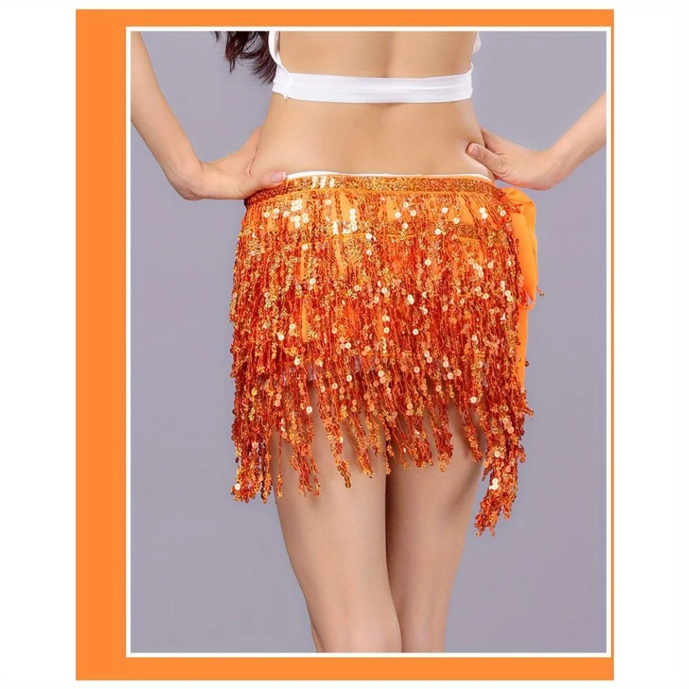Falda de actuación de danza del vientre de Halloween: borla bohemia, cadena de cintura con bufanda de cadera de 4 capas para espectáculos de DS Bar