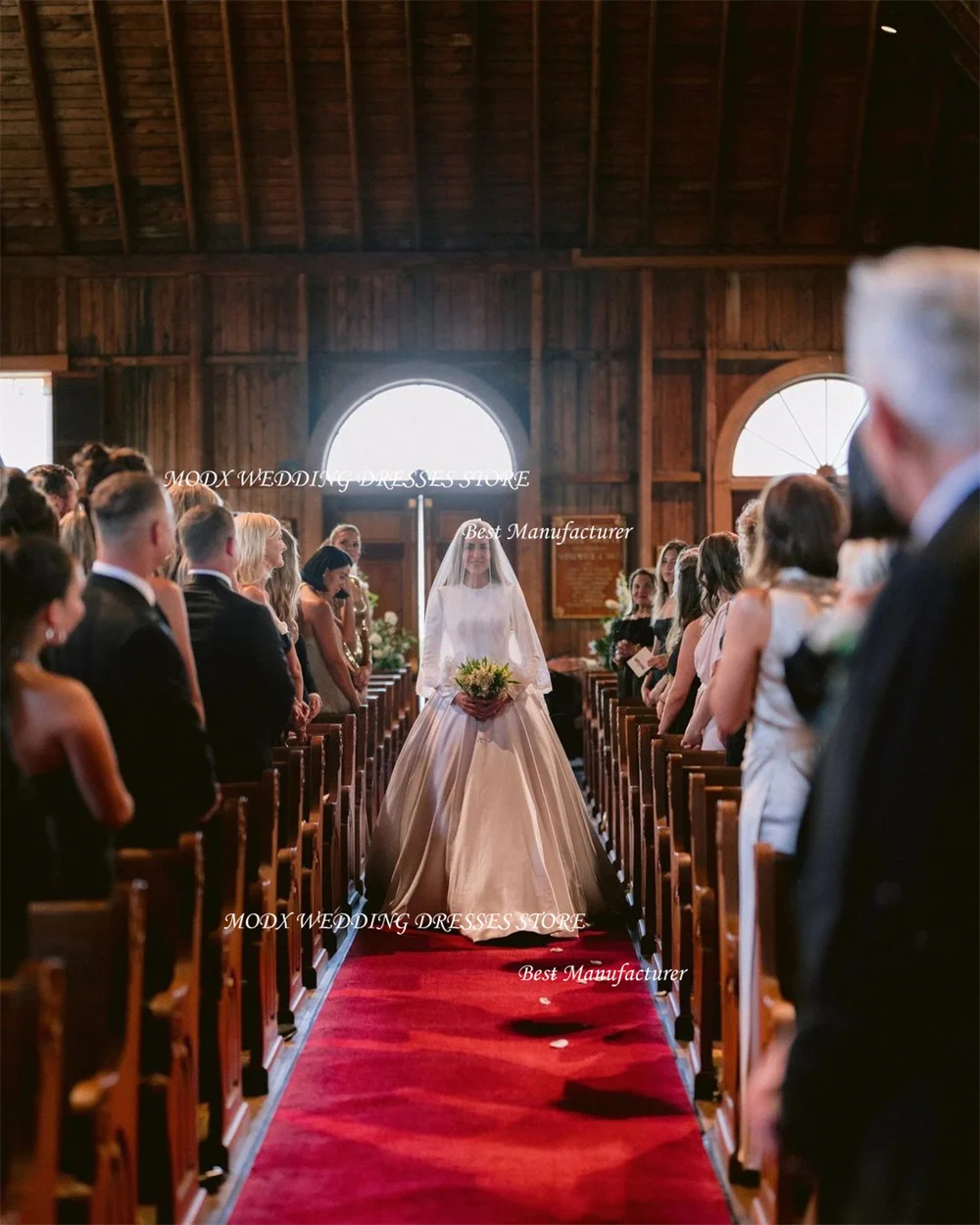 MODX Modest Satin A Line Wedding DressesPuff Long Sleeves O-Neck Floor Length Bridal Gowns Country Robe de mariage