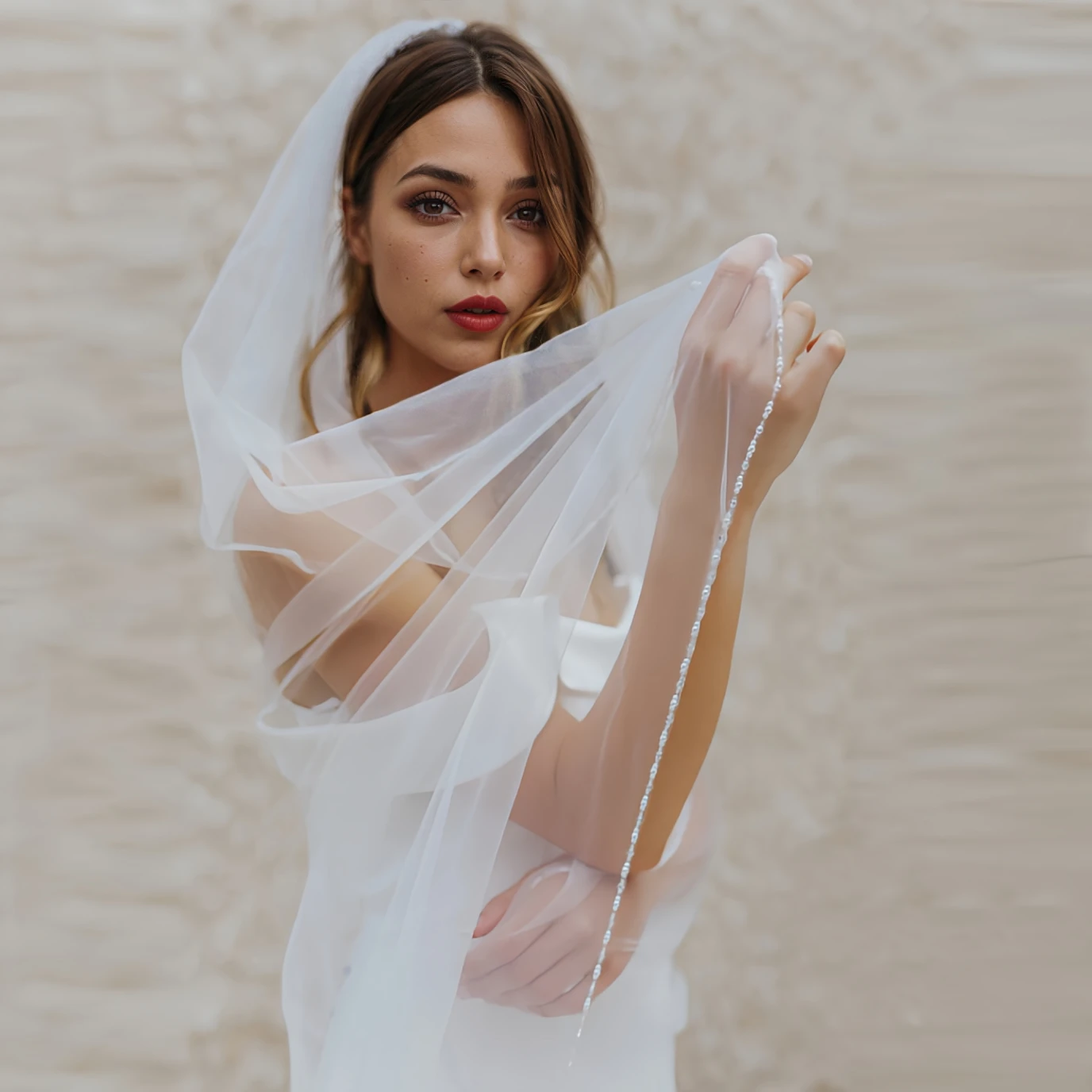 

Фата простого стиля, расшитая бисером, сшитая вручную, с жемчугом и кристаллами. Доступны различные размеры. Фата белого цвета и цвета слоновой кости G107