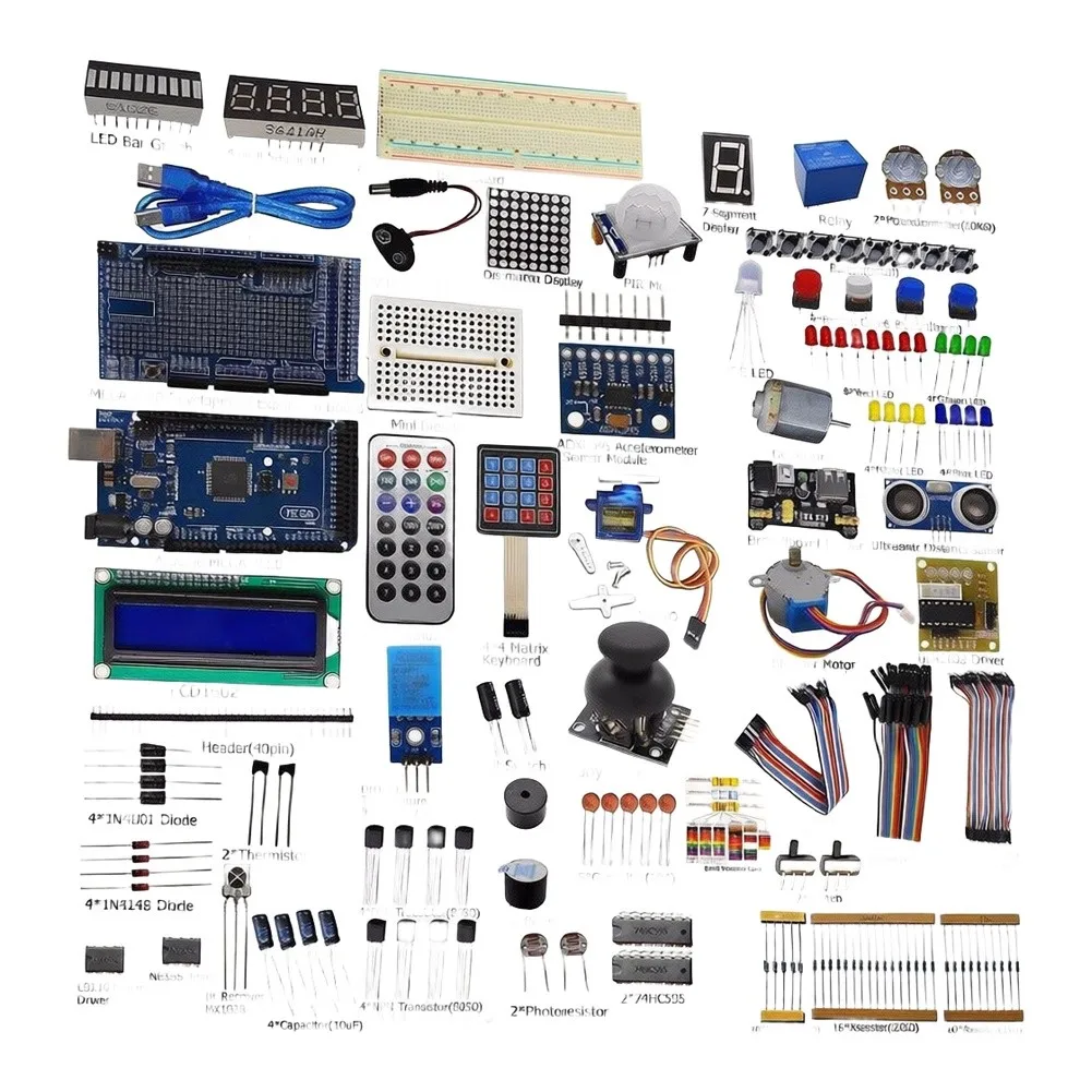 For Arduino For Mega2560 Based STEM Learning Kit with Breadboard Power Supply Cables Resistors Capacitors and Sensor Modules