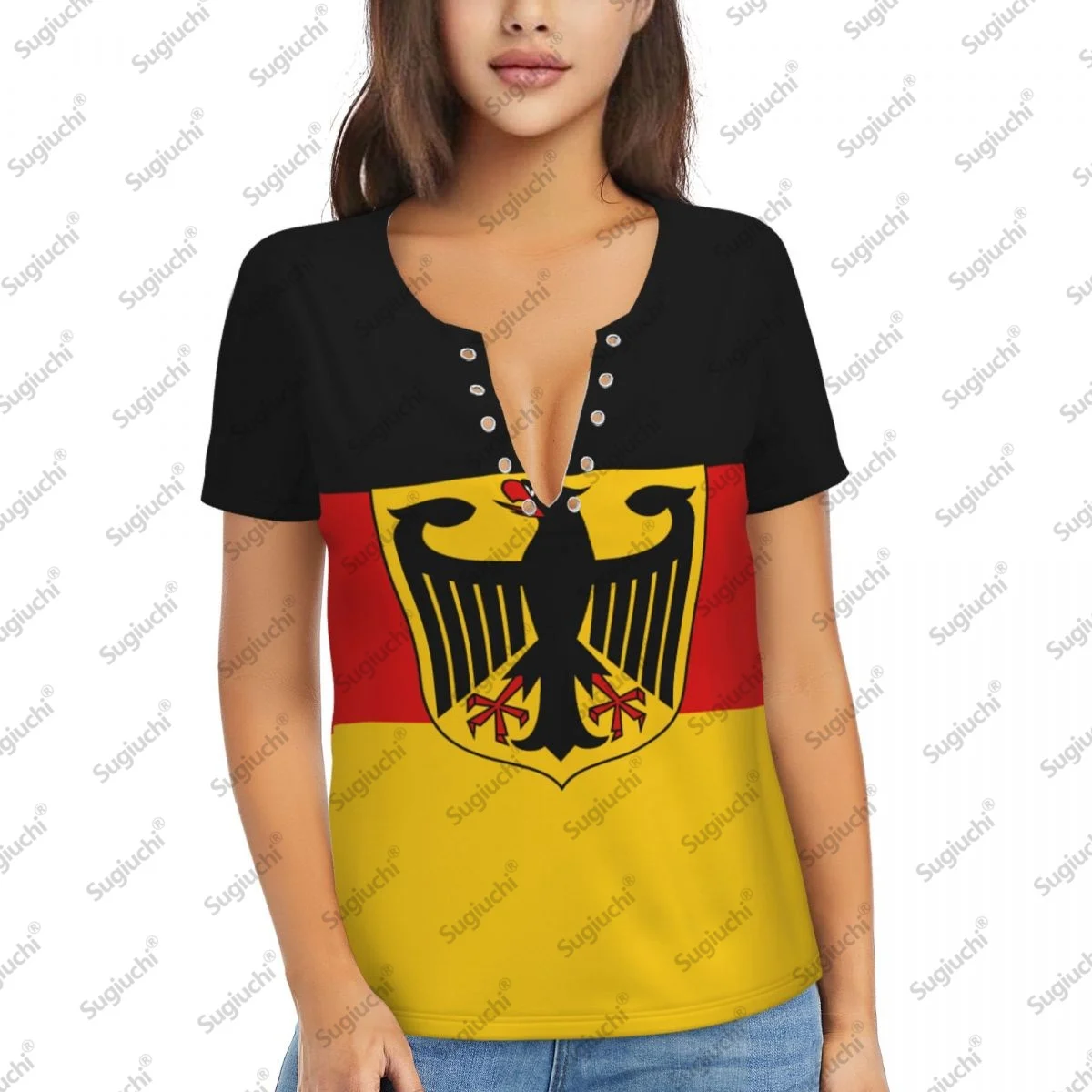 2025 Germany Flag Sexy Deep V Neck Women 3D Short Sleeve Fashion Tees Female Clothing Tops Girl Casual Blouse Tees