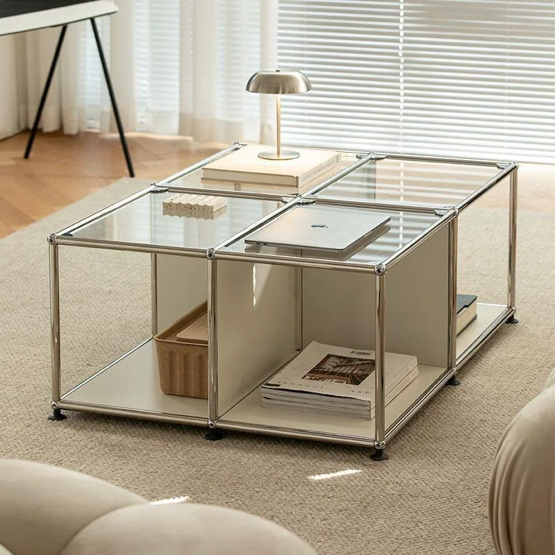 Medieval stainless steel module glass coffee table modern simple living room desktop home combination