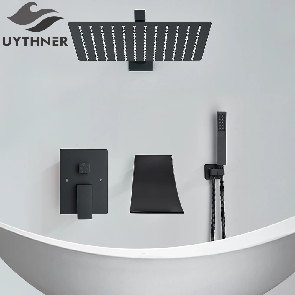 

Uythner Bathroom Black Shower Faucet Set Rainfall Head Wall Mounted Bath Shower System Hand Sprayer Bathtub Faucet Mixer
