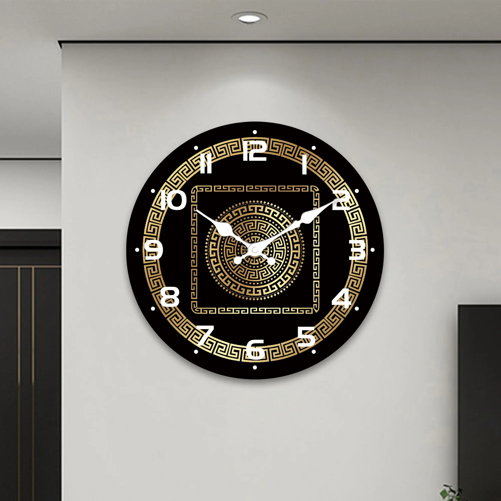 1pc round wooden wall clock, stylish Greek key gold patterned wall clock, noiseless silent clock, for living room bedroom, room