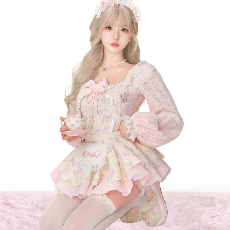 일본 달콤한 로리타 스타일 3피스 세트 여성용 귀여운 레이스 가디건 리본 슬림 크롭 탑 만화 고양이 프린트 스트랩 드레스 Y2K 귀여운 세트