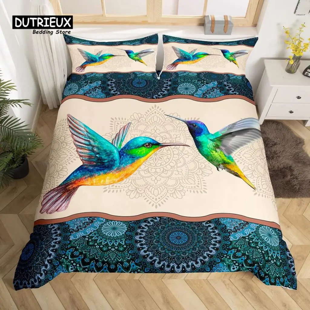 

Boho Mandala Duvet Cover Set Hummingbird Bedding Set Microfiber Farmhouse Cute Birds Comforter Cover Queen for Kids Boys Girls