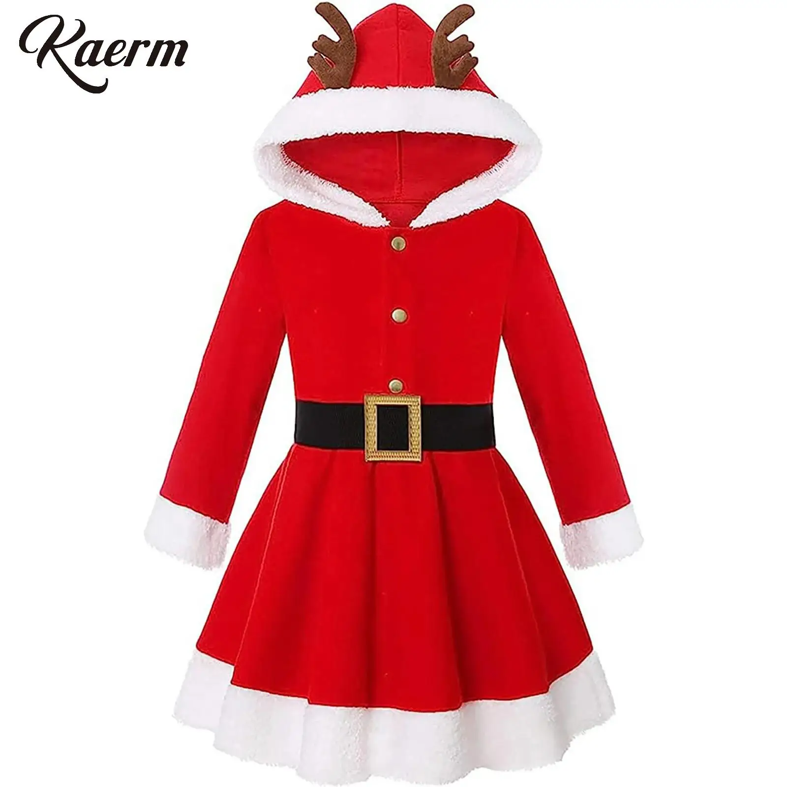 

Kids Girls Christmas Santa Dress Hooded Deer Ears Long Sleeve Fleece Dress Christmas A-line Dress with Belt