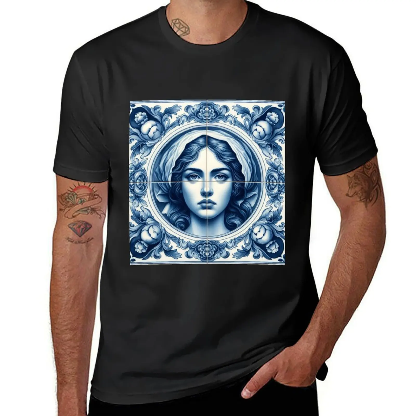 Delft Tile With Woman Face No.3 T-Shirt tops summer top graphics hippie clothes black t shirts for men