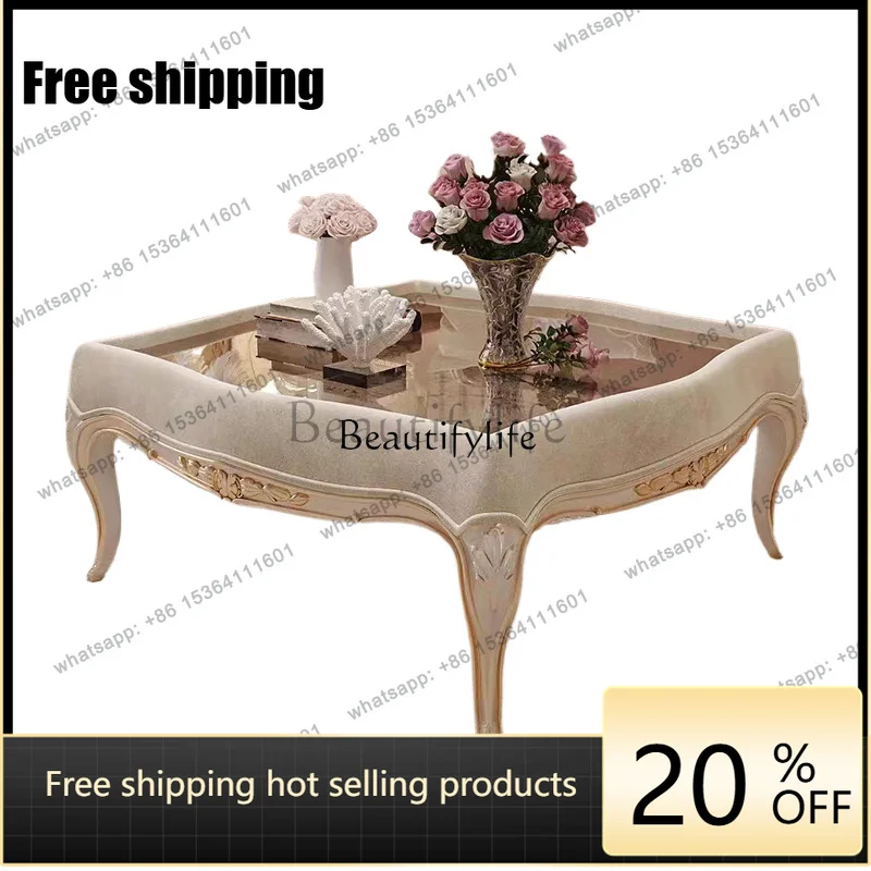 Factory Direct French Solid Wood Carving Flower Coffee Table Cream Style Square Tempered Glass Coffee Table Retro Court Style