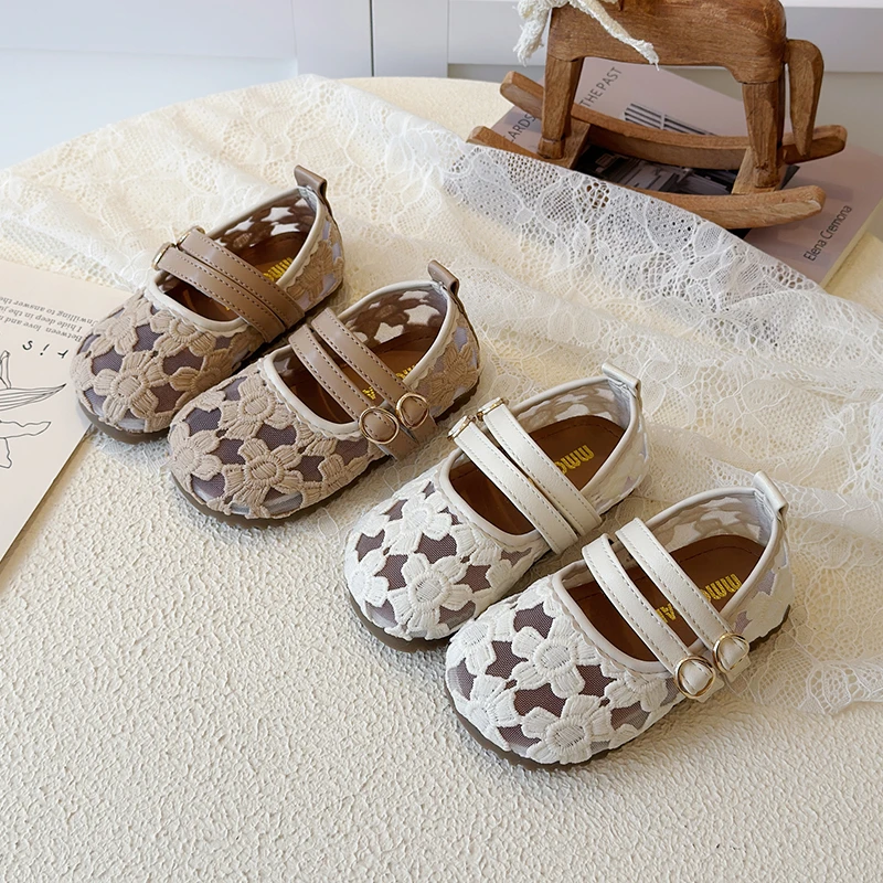 Spring Girl's Casual Shoes Mesh Embroidery Cute Chic Kid's Flat Shoe Beige Brown Anti-slip Daily Versatile Children Shoes 4-6Y