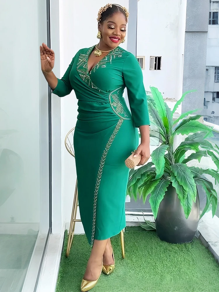 PARTY PROM Dresses สําหรับผู้หญิง V คอ Bodycon Maxi Robes 2025 แอฟริกาเสื้อผ้า Elegant Office LADIES ชุดตุรกีไนจีเรียชุด