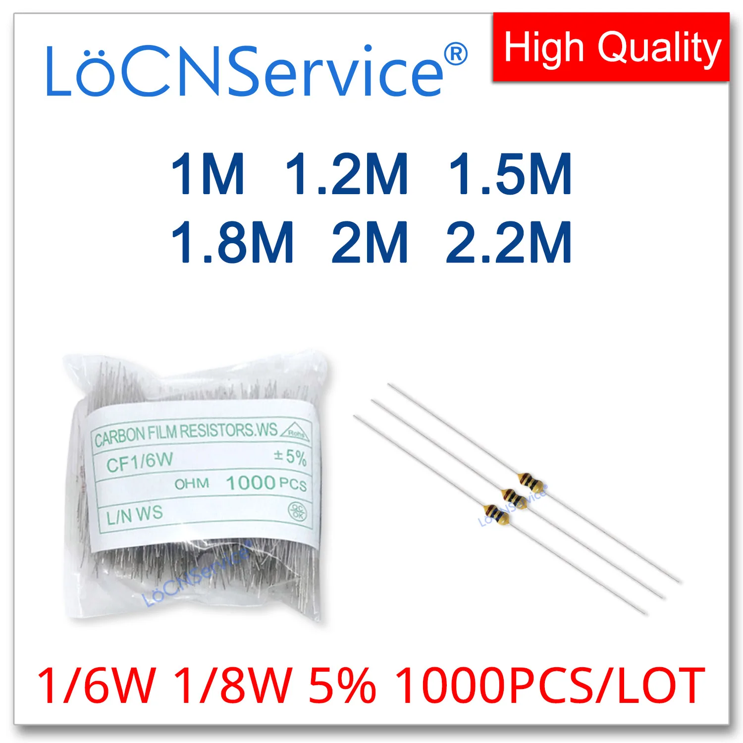 LoCNService 1000PCS/LOT 5% 1/6W 1/8W 1M 1.1M 1.2M 1.5M 1.8M 2M 2.2M Carbon Film Resistor DIP OHM