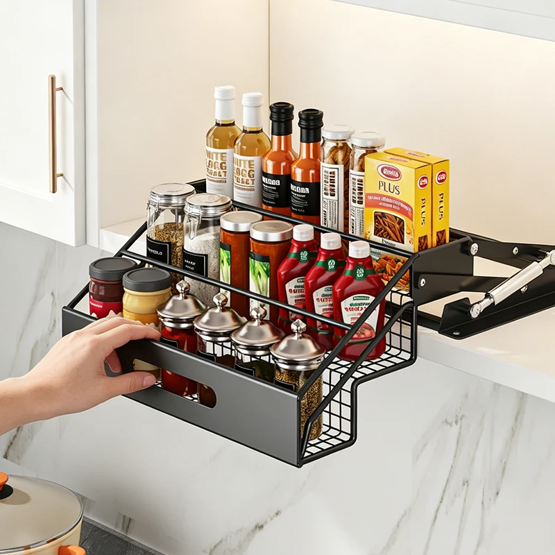 kitchen-cabinet-lift-up-spice-rack-3-tier-pull-down-hydraulic-damping-carbon-steel-storage-organizer-no-drill-seasoning-holder