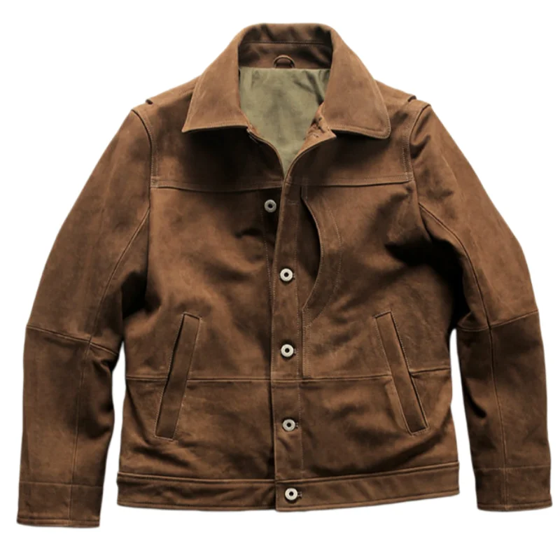 Light Brown Spring Leather Jacket Men Retro Style Plus Size 5XL Genuine Natural Cow Suede Turn-Down Collar Single Breasted Coat
