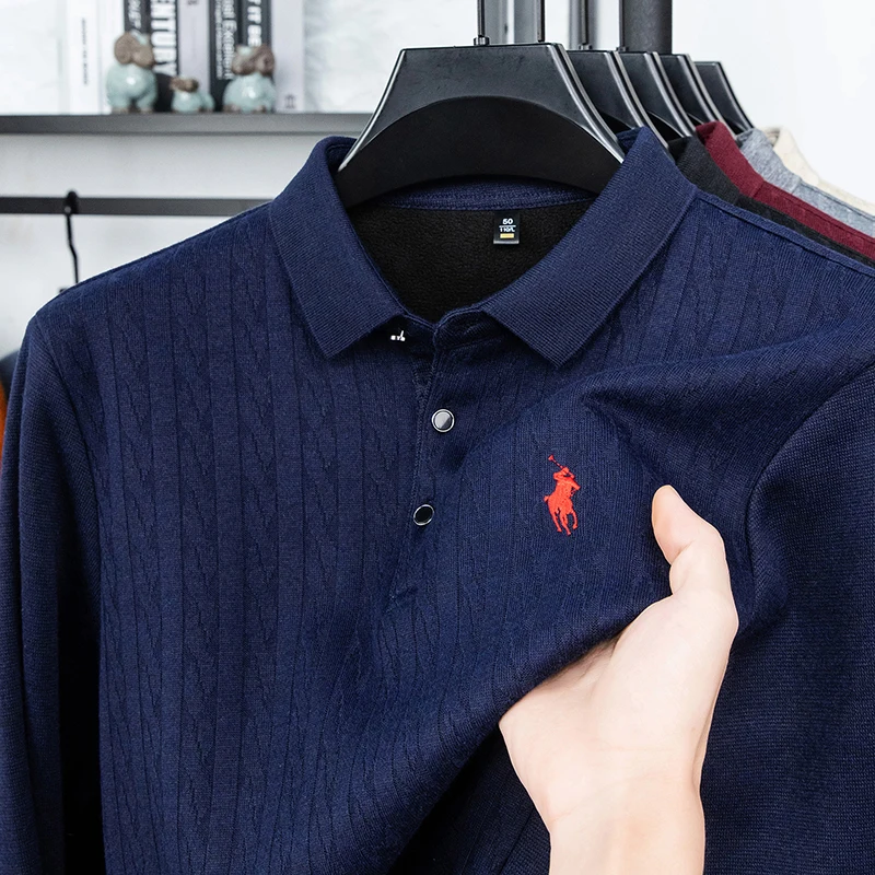 سترة محبوكة جديدة لخريف وشتاء 2025 للرجال من حرير التوت والقطن والصوف مع سترة مخملية سميكة وسترة بولو سفلية