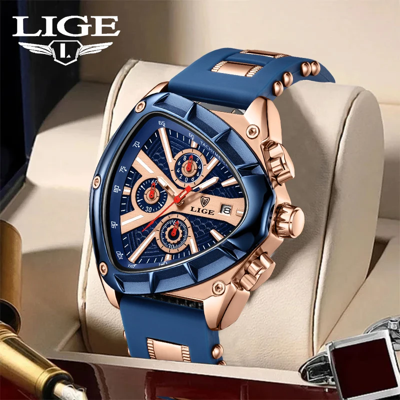 LIGE Triangle Skeleton Watch for Men Sportz Quartz Watches Business Irregular Wristwatch Luxury Stainless Steel Strap relogio