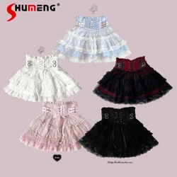 Japanese Mines Style Sweet Cute Lace Splicing Lace-up Heart PU Buckle High Waist Slim A-line Versatile Lolita Short Skirts Women
